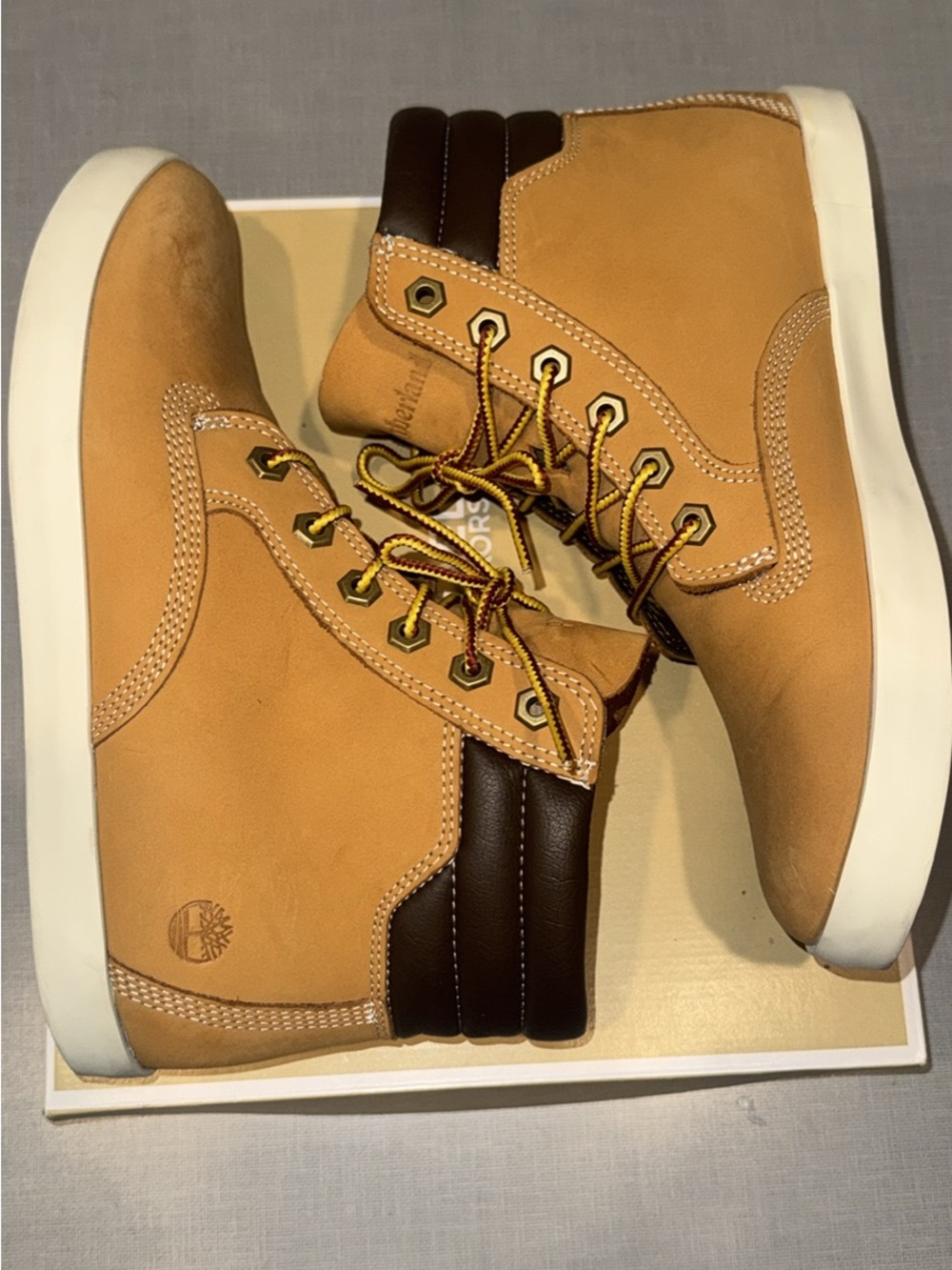 Timberland Wheat Nubuck High-Top Boots with Dark Brown Collar